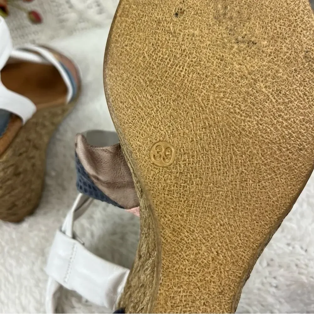 AZURA White Tan Patchwork Strap Wedge Criss-Cross Strap Leather Sandals‎ Sz 8/39